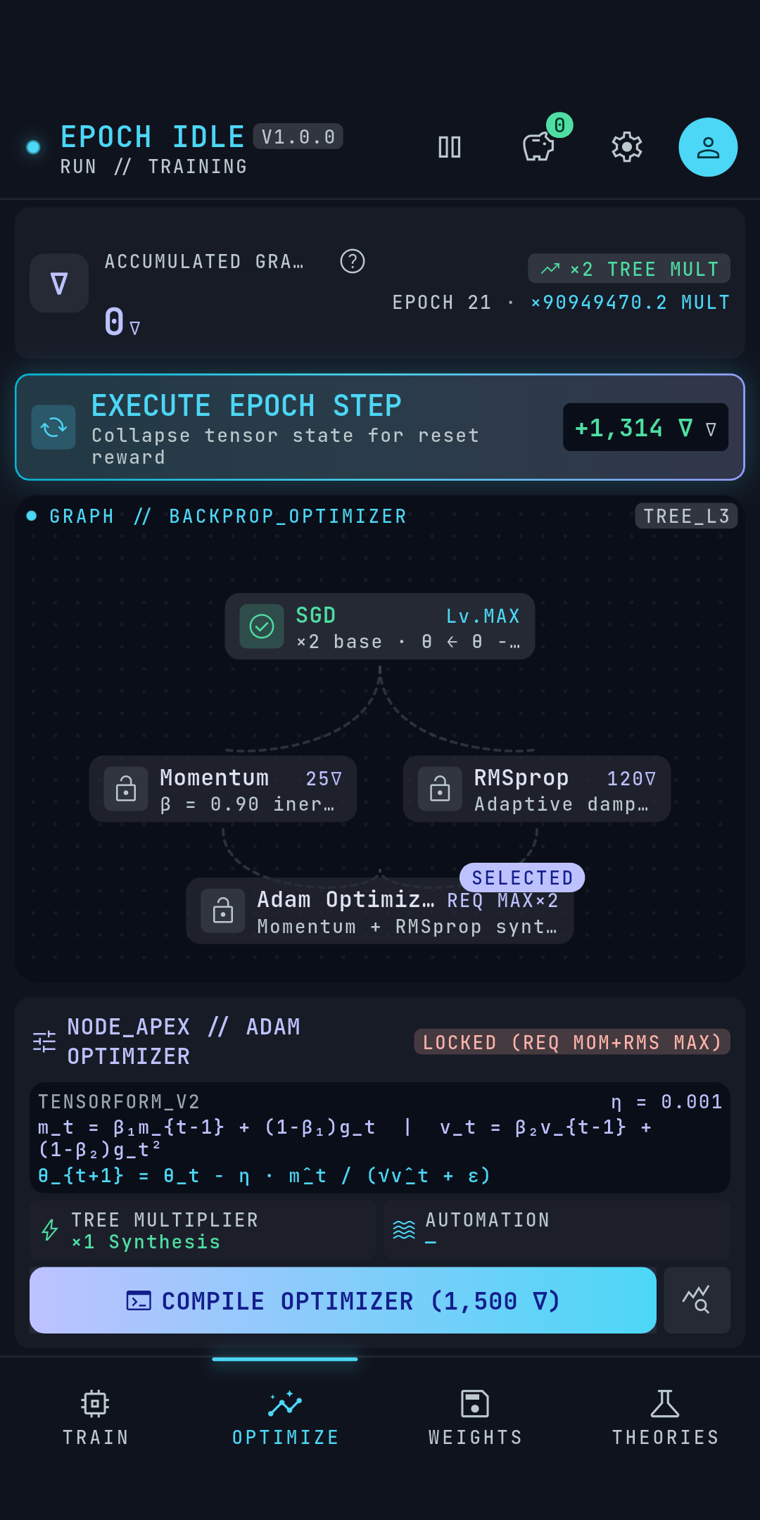 Optimize screen: gradients spent down the SGD to Adam optimizer tree