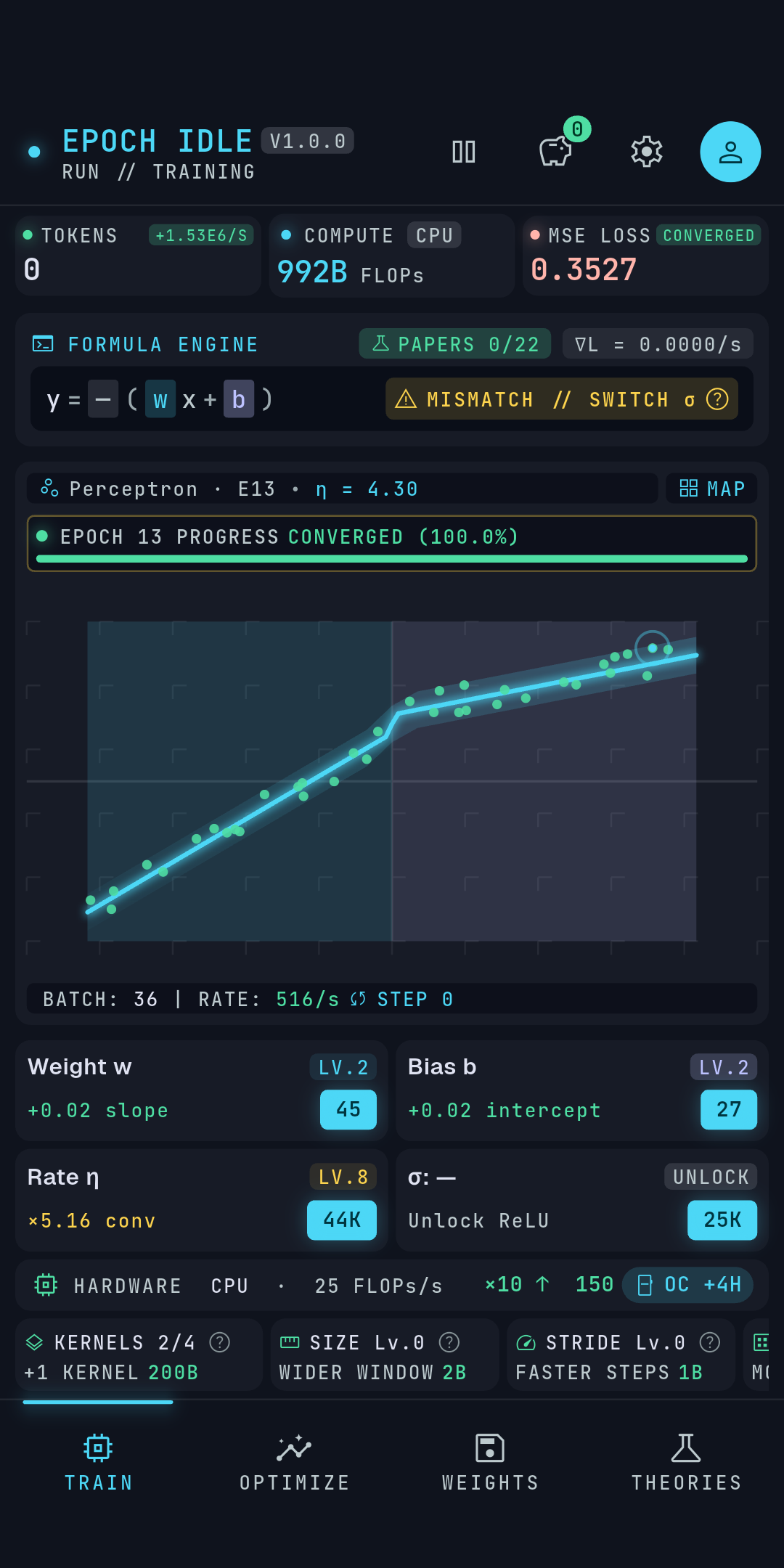 Train screen: loss curve bending as conv kernels train on segmented data