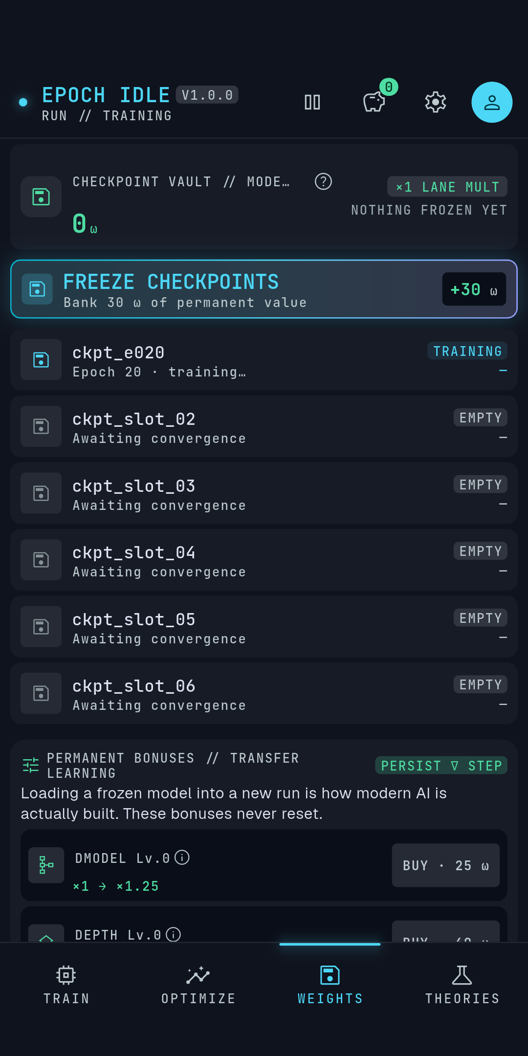 Weights screen: datasets frozen into permanent model weights